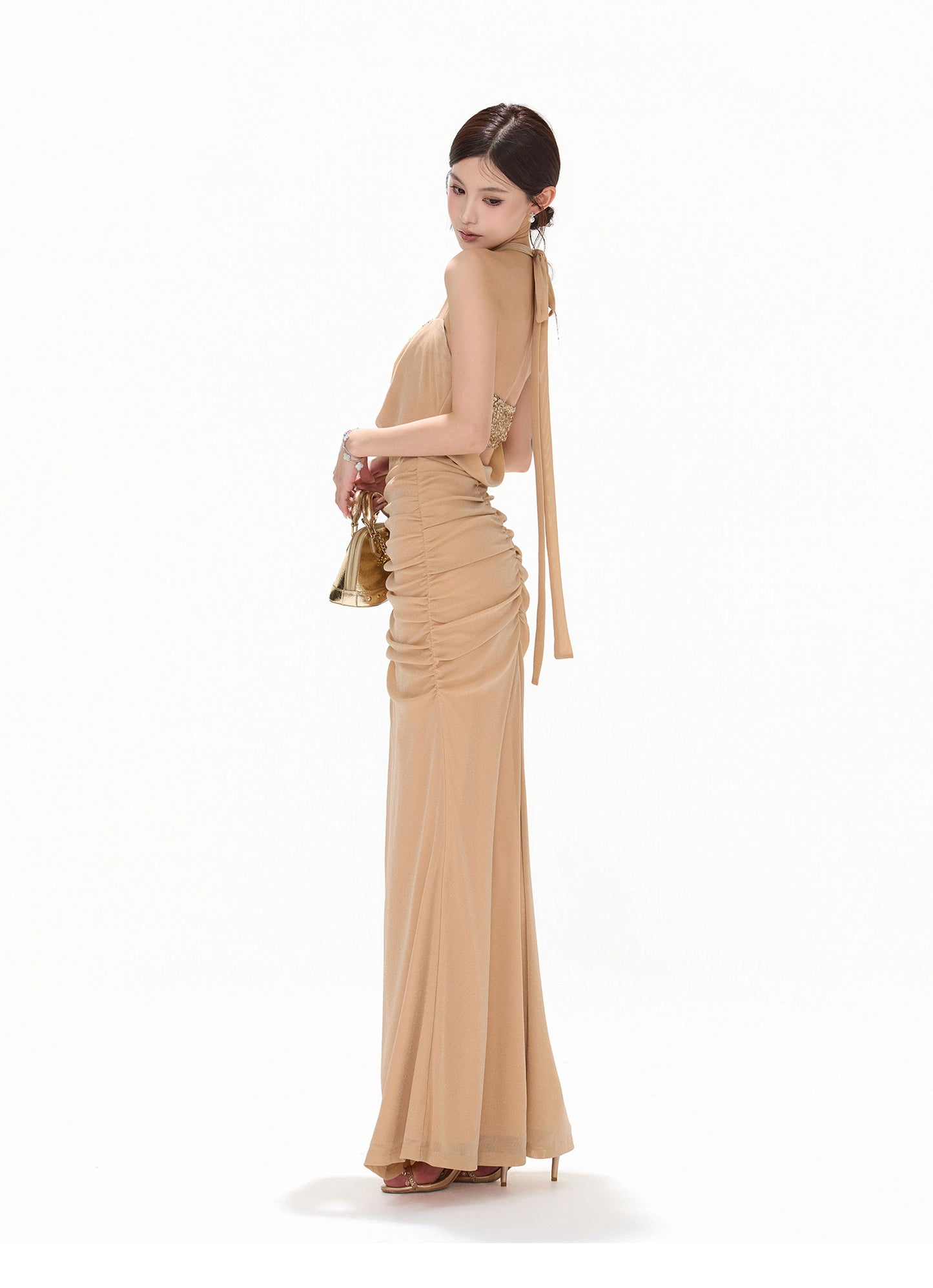 【日本在庫 】GOLD SEQUIN HALTER DRAPED CHIFFON DRESS