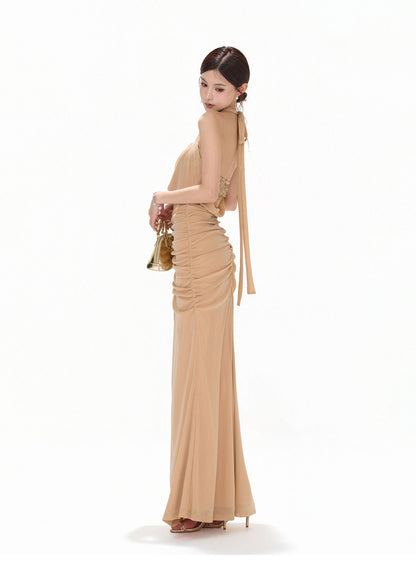 【日本在庫 】GOLD SEQUIN HALTER DRAPED CHIFFON DRESS