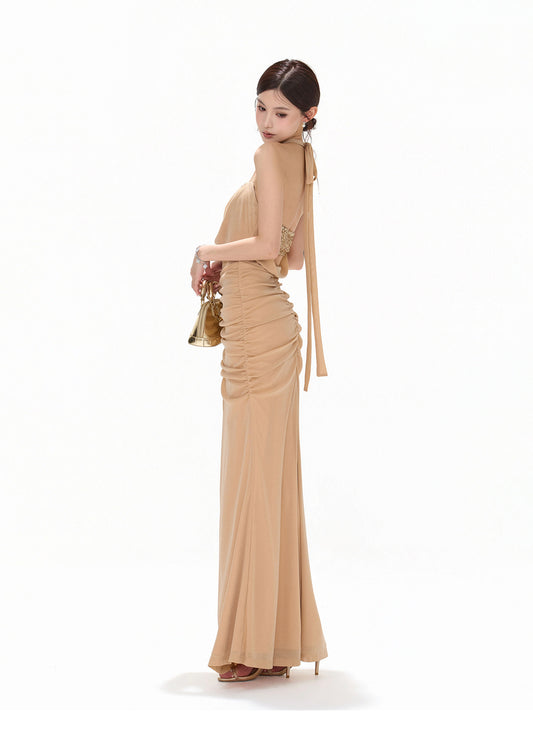 GOLD SEQUIN HALTER DRAPED CHIFFON DRESS