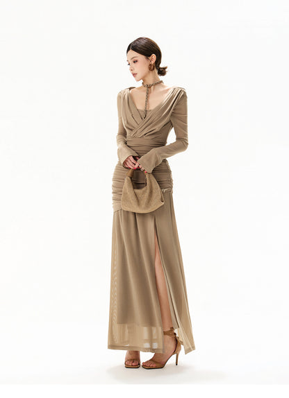 【日本在庫 】FRENCH HALTER KNIT TULLE MAXI DRESS
