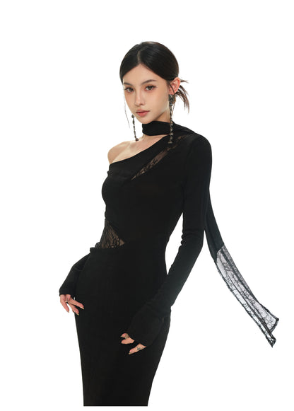 LACE PATCHWORK KNITTED SLIM ONE-PIECE