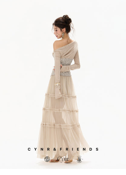 PLEATED TULLE LAYERED MAXI SKIRT