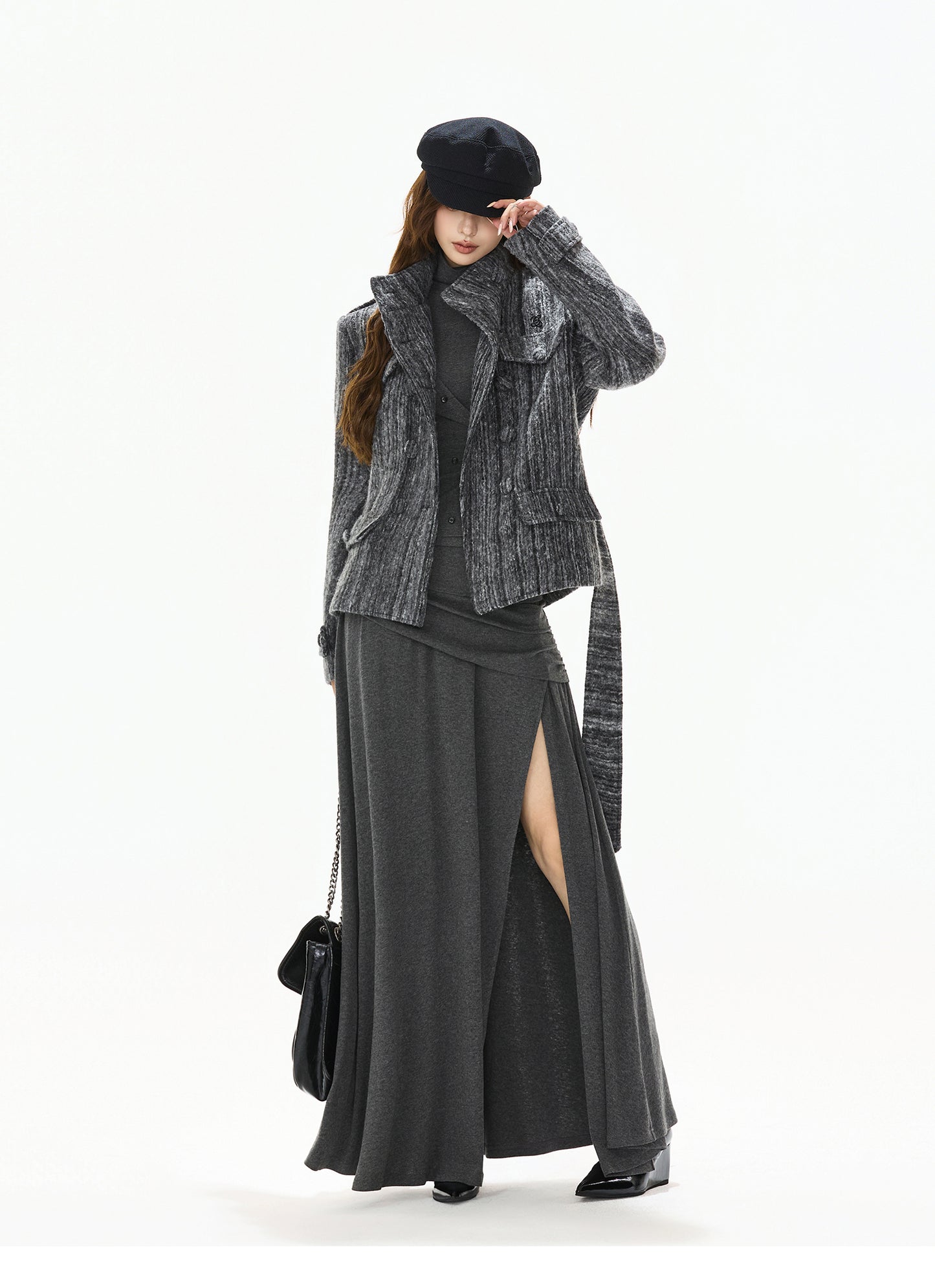 STRIPED TWEED WAISTED WOOL COAT