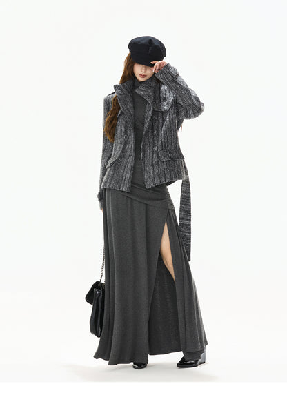 STRIPED TWEED WAISTED WOOL COAT
