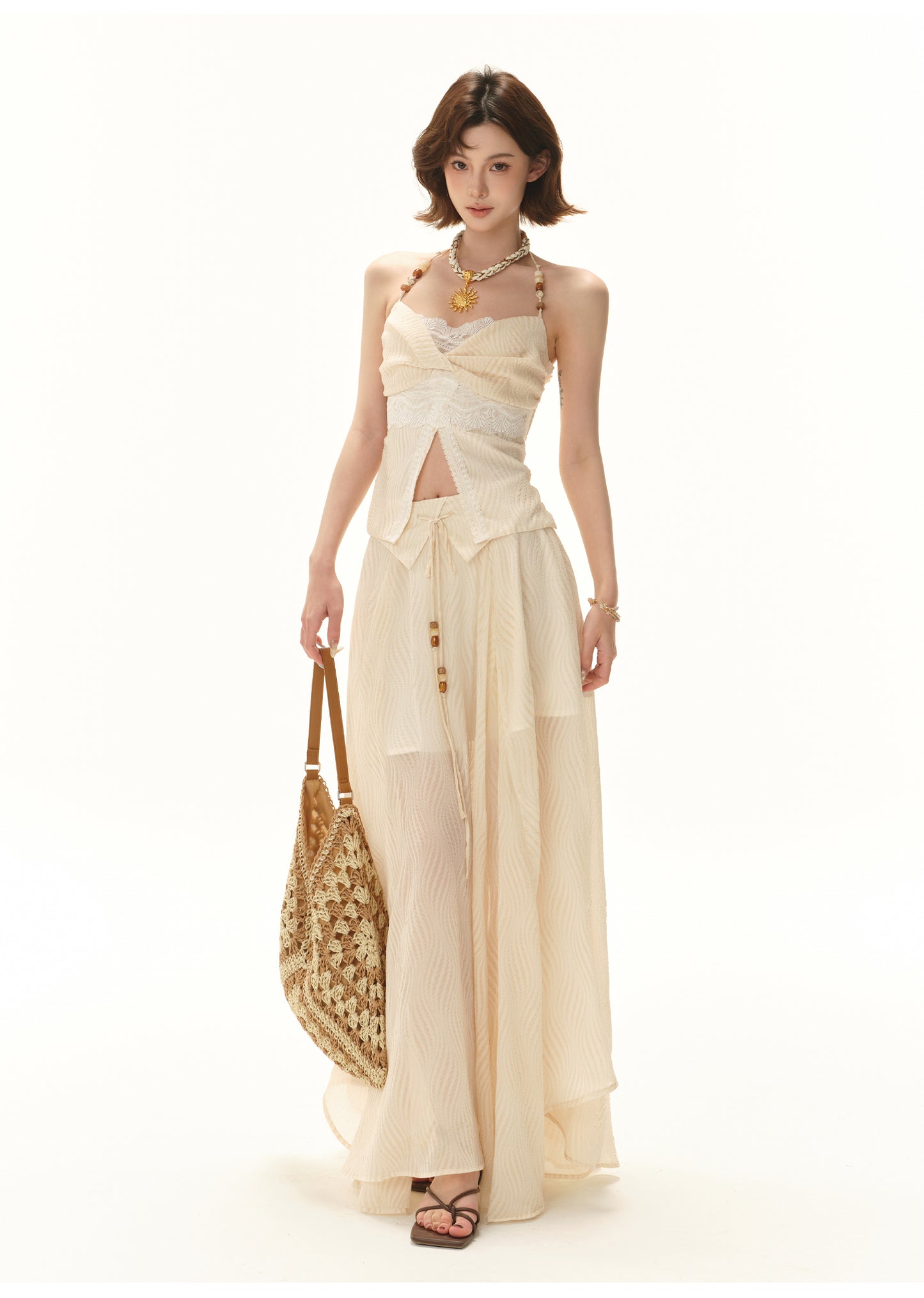 VACATION-STYLE BEADED HALTER TOP & FLOWY MAXI SKIRT SET