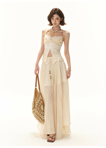 VACATION-STYLE BEADED HALTER TOP & FLOWY MAXI SKIRT SET