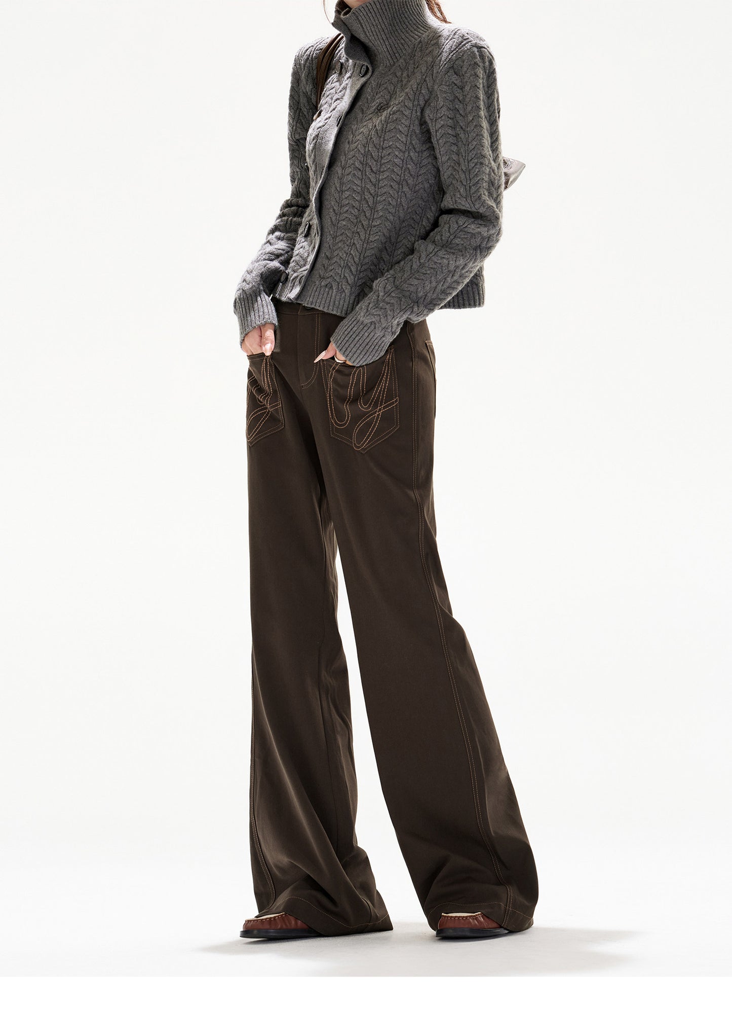 VINTAGE CABLE-KNIT HIGH-NECK WOOL CARDIGAN & VINTAGE CHECK STRAIGHT TROUSERS