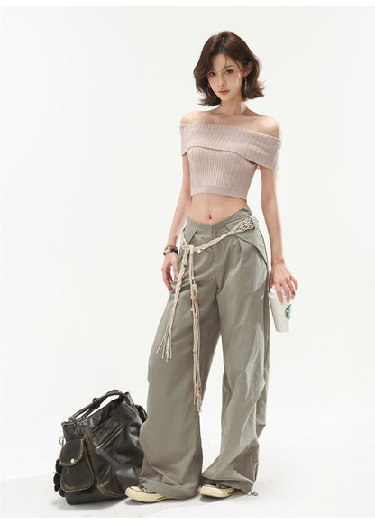 RETRO OFF-SHOULDER CABLE CROP TOP & LOW WAIST CARGO LOOSE PANTS