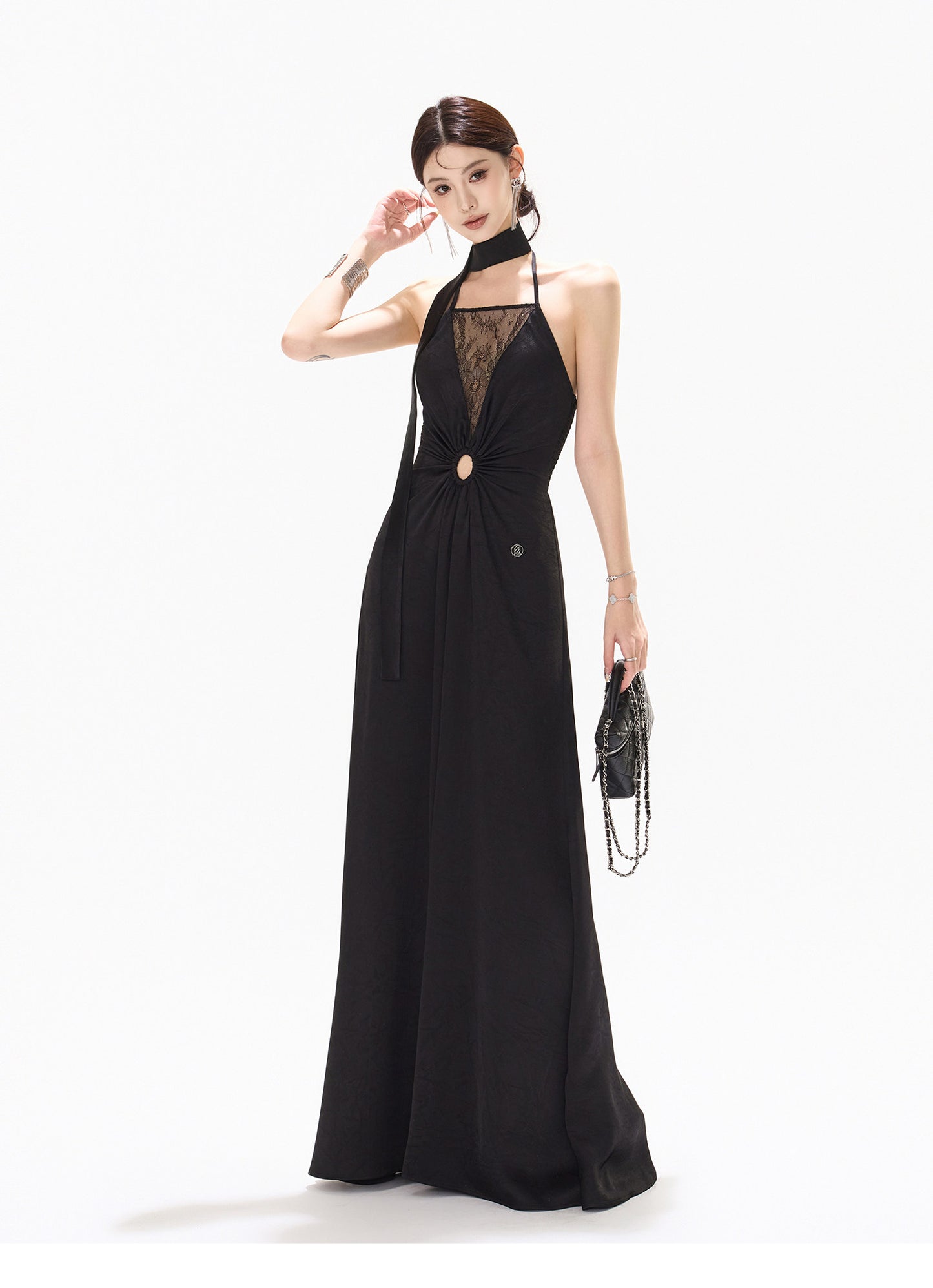 【日本在庫 】HALTER LACE SATIN DRESS