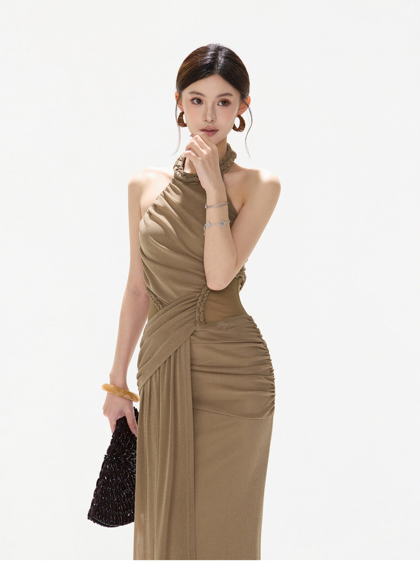 HALTER CUTOUT TULLE DRAPED EVENING DRESS