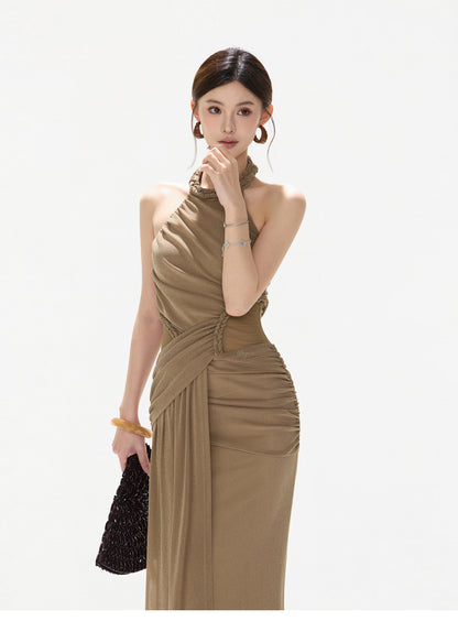 HALTER CUTOUT TULLE DRAPED EVENING DRESS