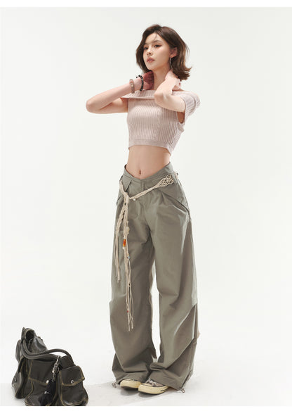 RETRO OFF-SHOULDER CABLE CROP TOP & LOW WAIST CARGO LOOSE PANTS