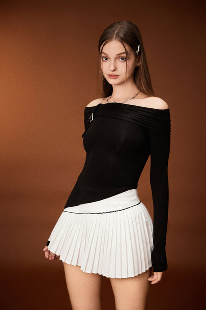 OFF SHOULDER L/S TEE & PLEATED MINI SKIRT