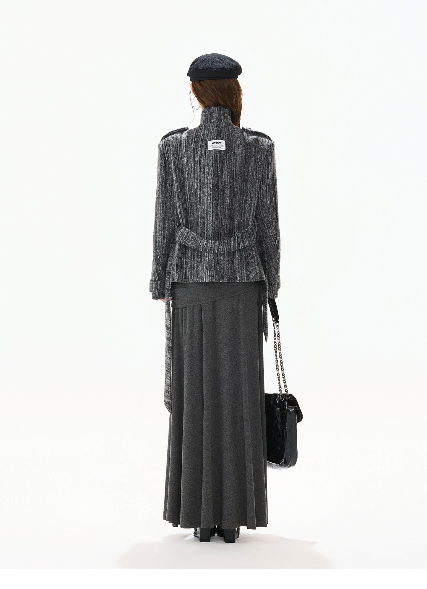 STRIPED TWEED WAISTED WOOL COAT