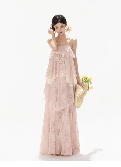 【日本在庫 】FRENCH LACE TIERED RUFFLE MAXI DRESS