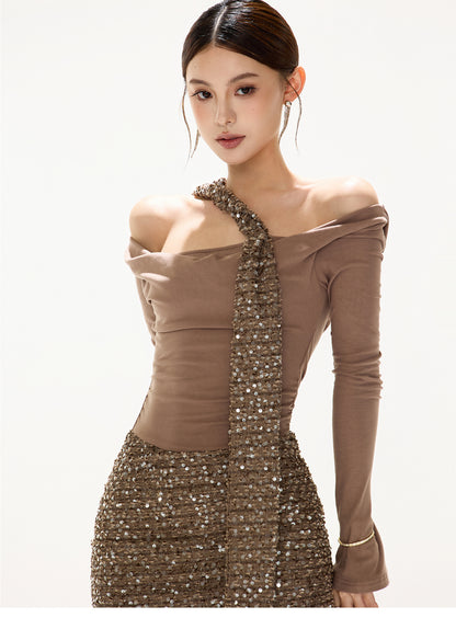 ELEGANT SEQUINED ONE-SHOULDER DRESS