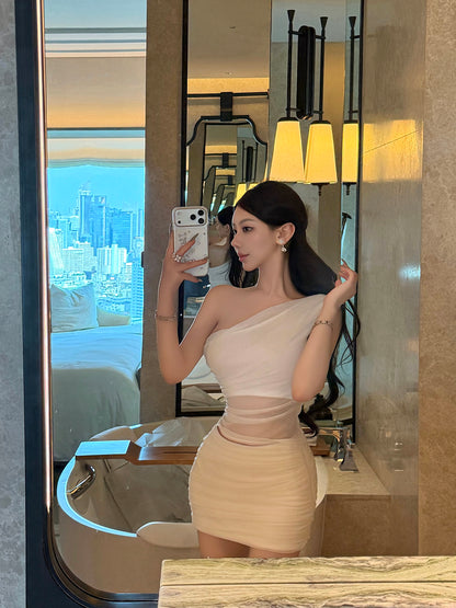 ONE SHOULDER MESH MINI DRESS