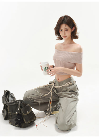 RETRO OFF-SHOULDER CABLE CROP TOP & LOW WAIST CARGO LOOSE PANTS