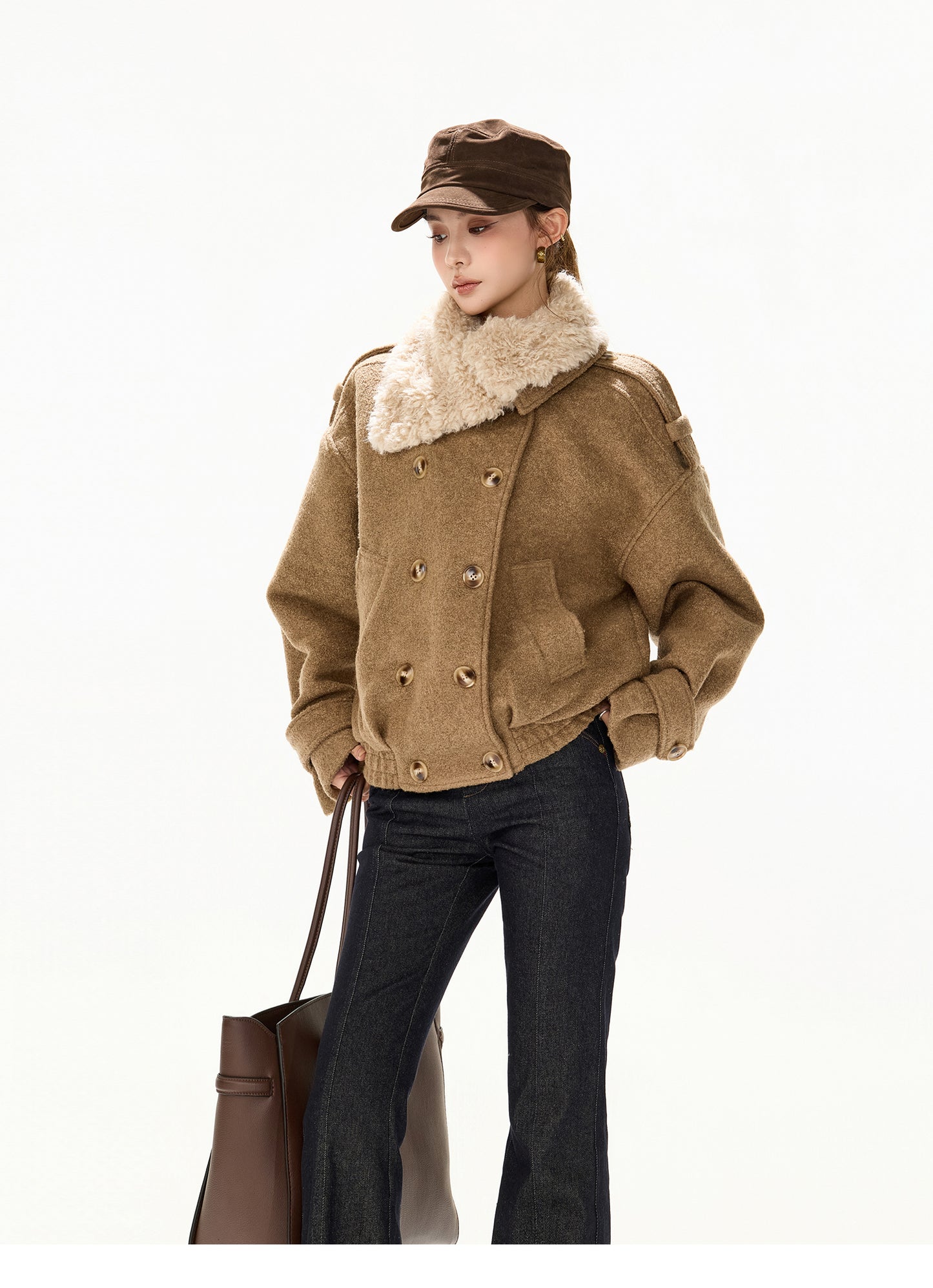 ASYMMETRIC FUR COLLAR WOOL COAT