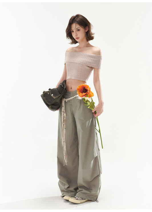RETRO OFF-SHOULDER CABLE CROP TOP & LOW WAIST CARGO LOOSE PANTS