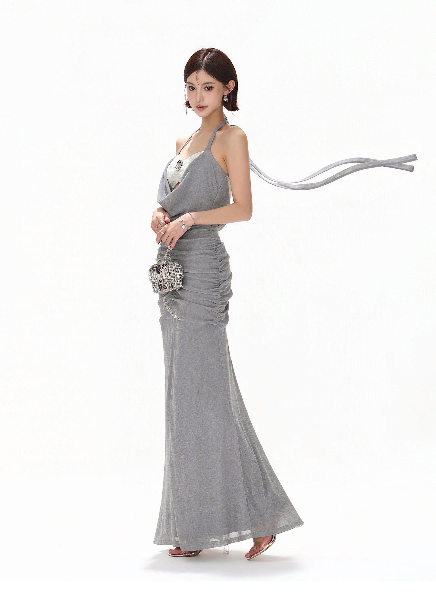 【日本在庫 】MISTY BLUE HALTER DRAPED TULLE DRESS