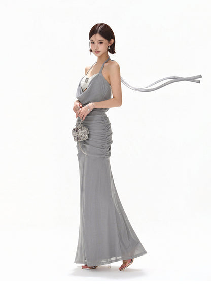 【日本在庫 】MISTY BLUE HALTER DRAPED TULLE DRESS