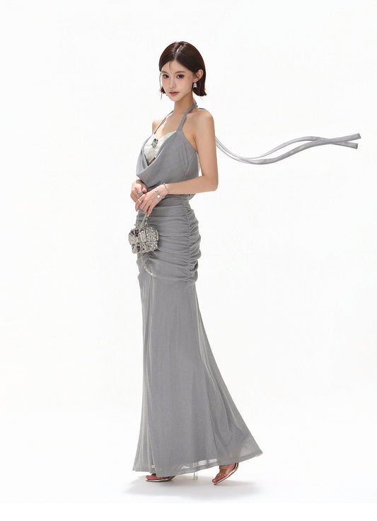 MISTY BLUE HALTER DRAPED TULLE DRESS