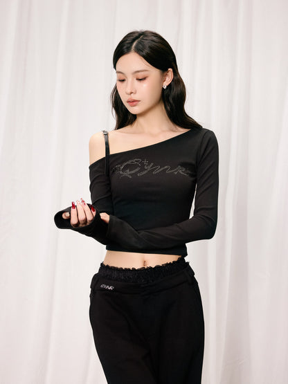 OFF-SHOULDER KNITTED RHINESTONE TOP & LACE PATCHWORK WIDE-LEG PANTS