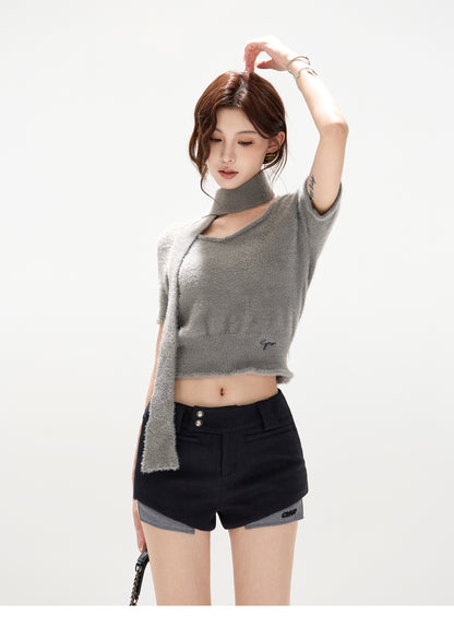 COZY TIE-FRONT HEART NECK SWEATER & PATCH WOOL SHORTS SET