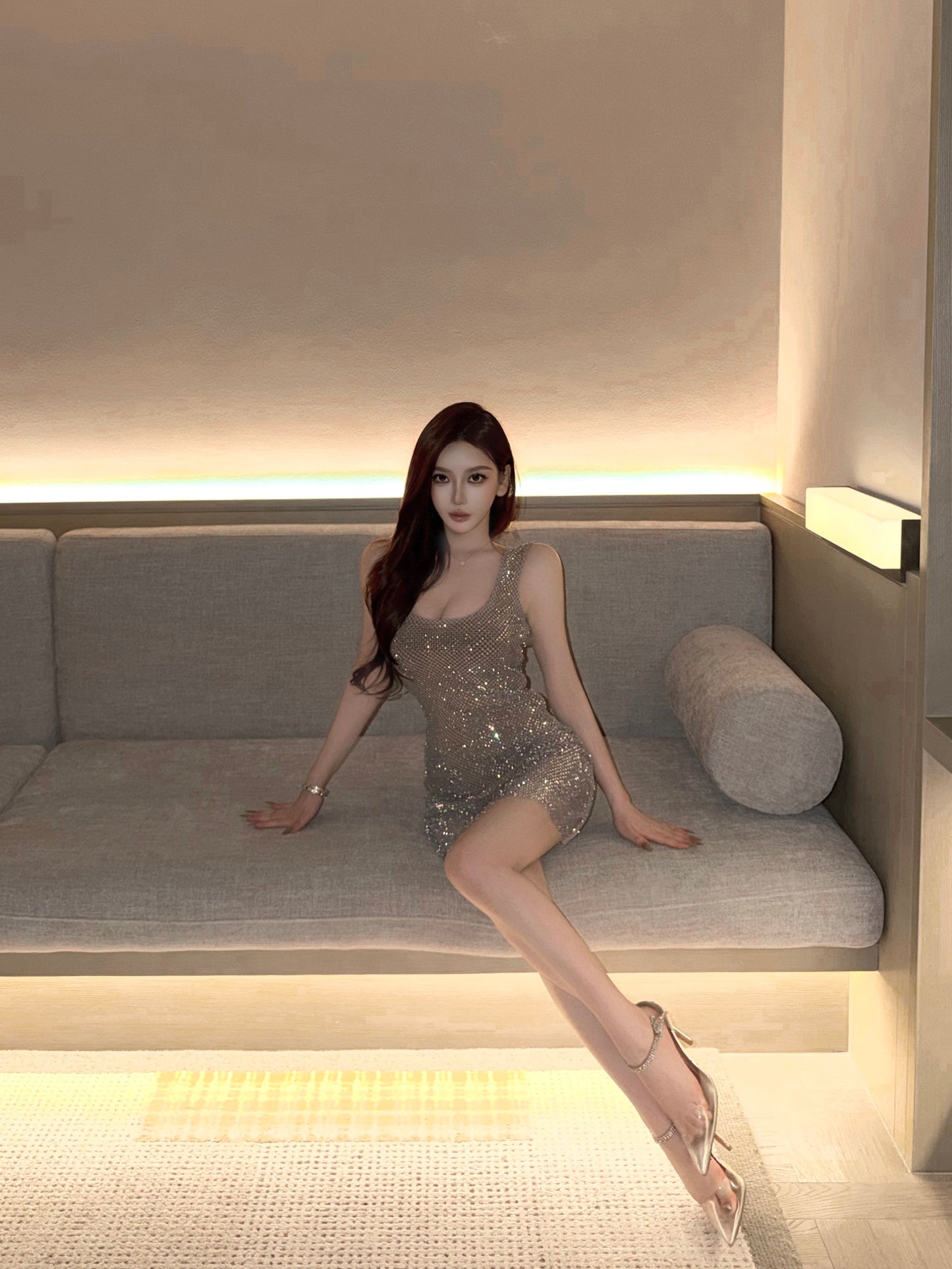 CRYSTAL BACKLESS EVENING DRESS & COLOR BLOCK ECO FUR JACKET