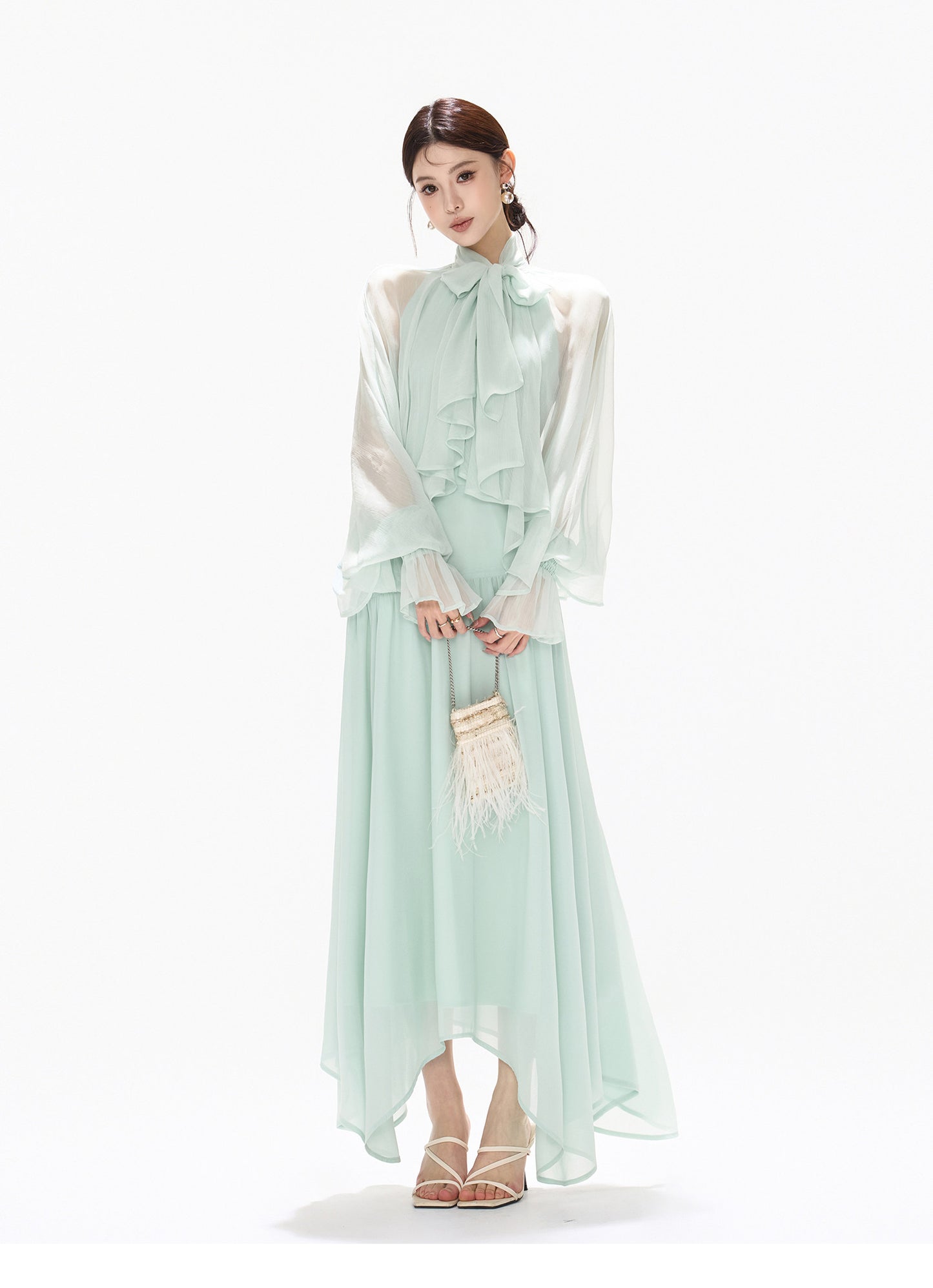 BOW HALTER ASYMMETRIC CHIFFON MAXI DRESS