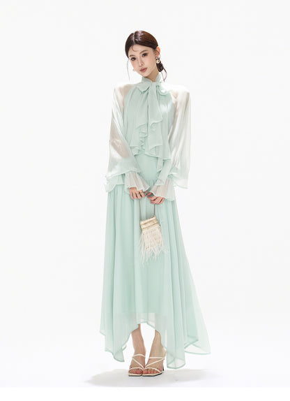 BOW HALTER ASYMMETRIC CHIFFON MAXI DRESS