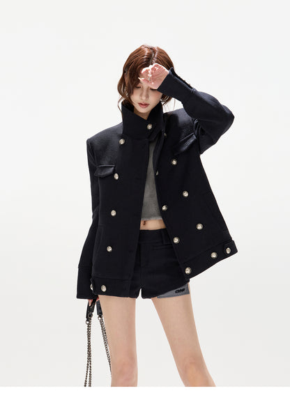 DOUBLE-BREASTED WOOL PADDED COAT WITH REMOVABLE FLEECE COLLAR