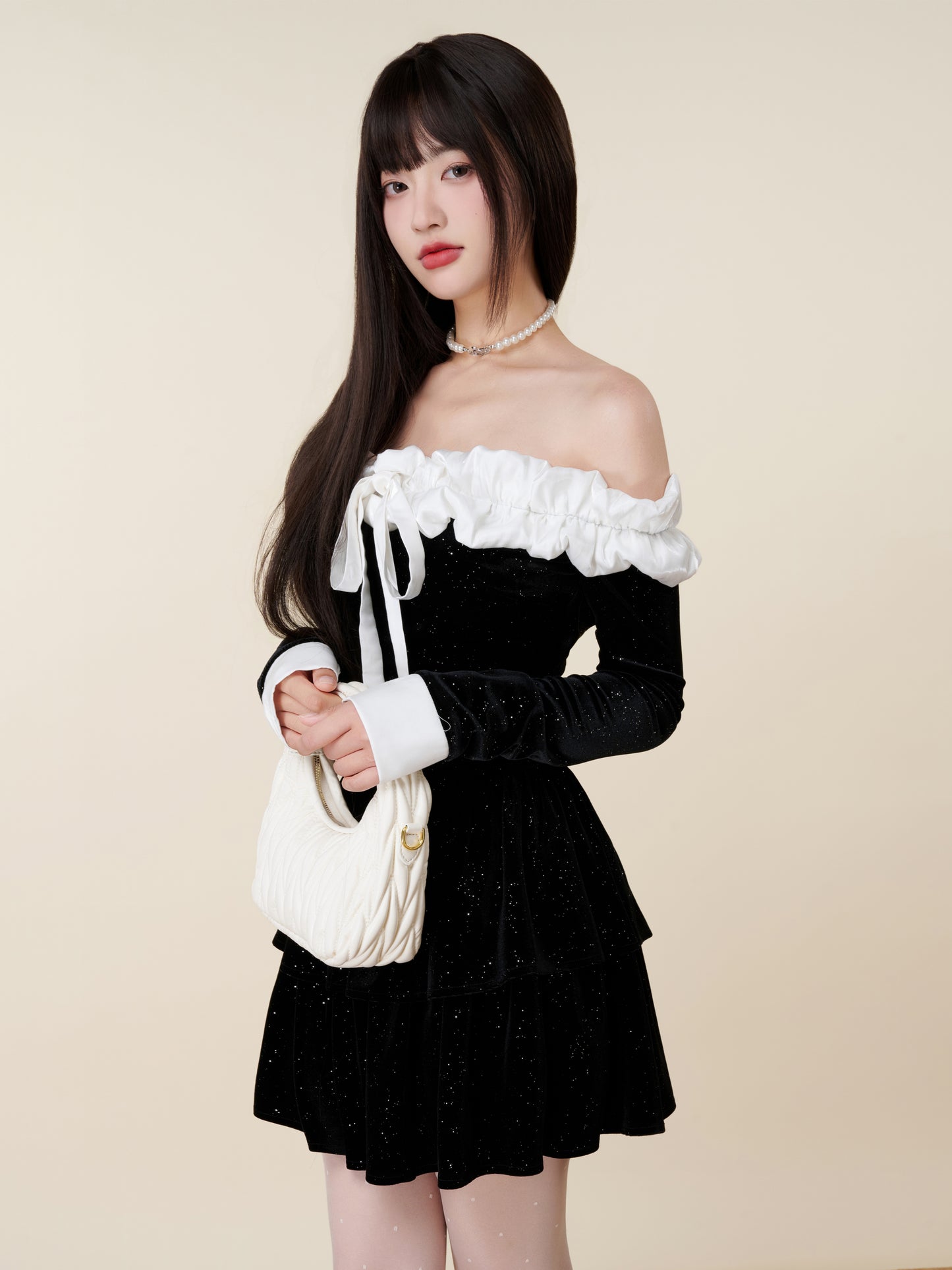 VELVET ONE-SHOULDER WAIST DRESS