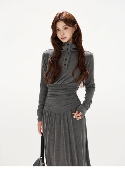 POLO COLLAR PLEATED WAIST A-LINE ONE-PIECE