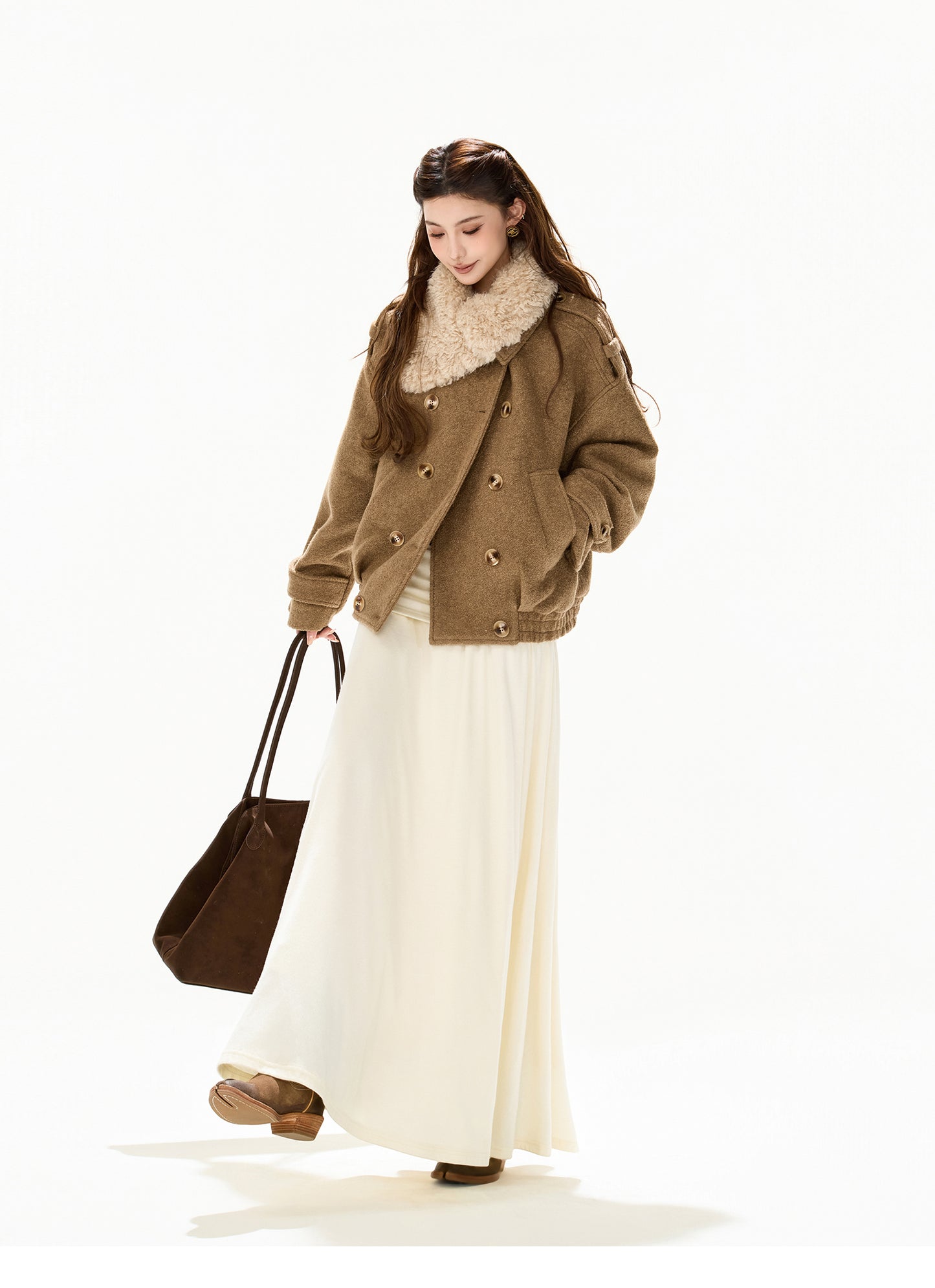 ASYMMETRIC FUR COLLAR WOOL COAT