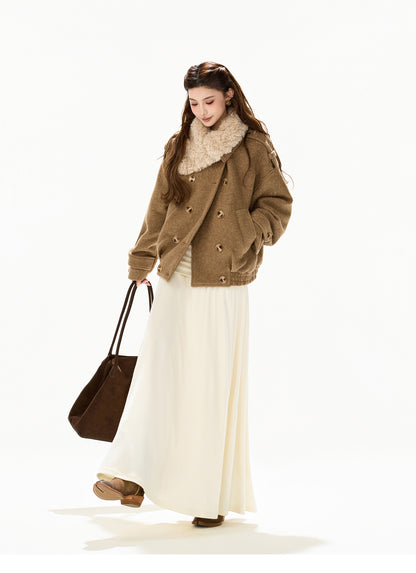 ASYMMETRIC FUR COLLAR WOOL COAT