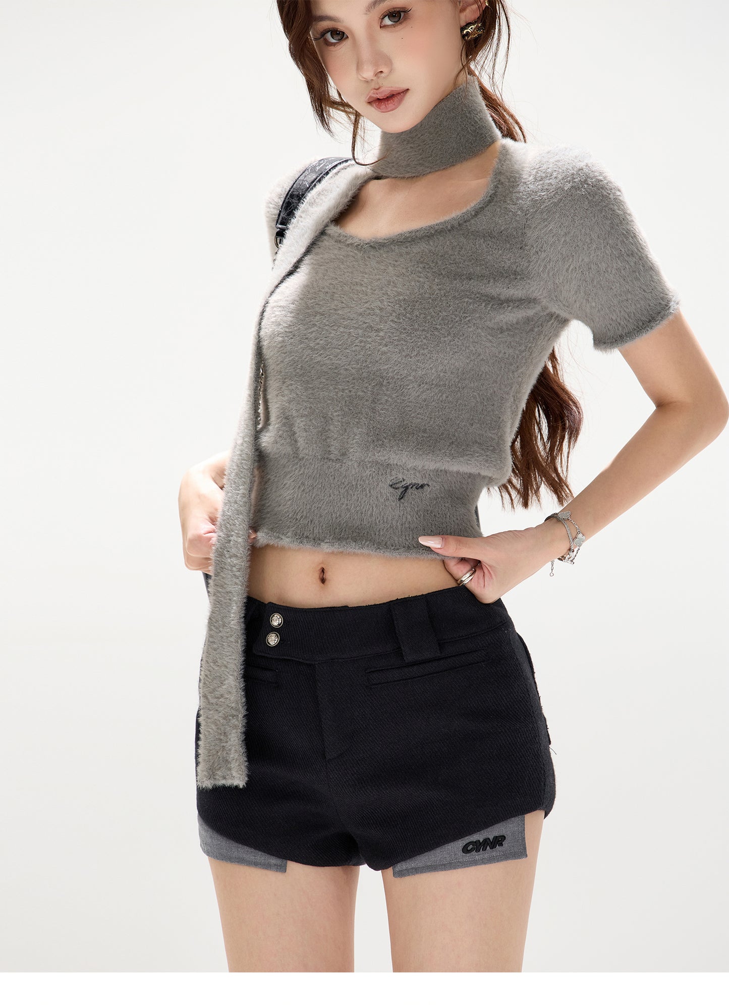 COZY TIE-FRONT HEART NECK SWEATER & PATCH WOOL SHORTS SET