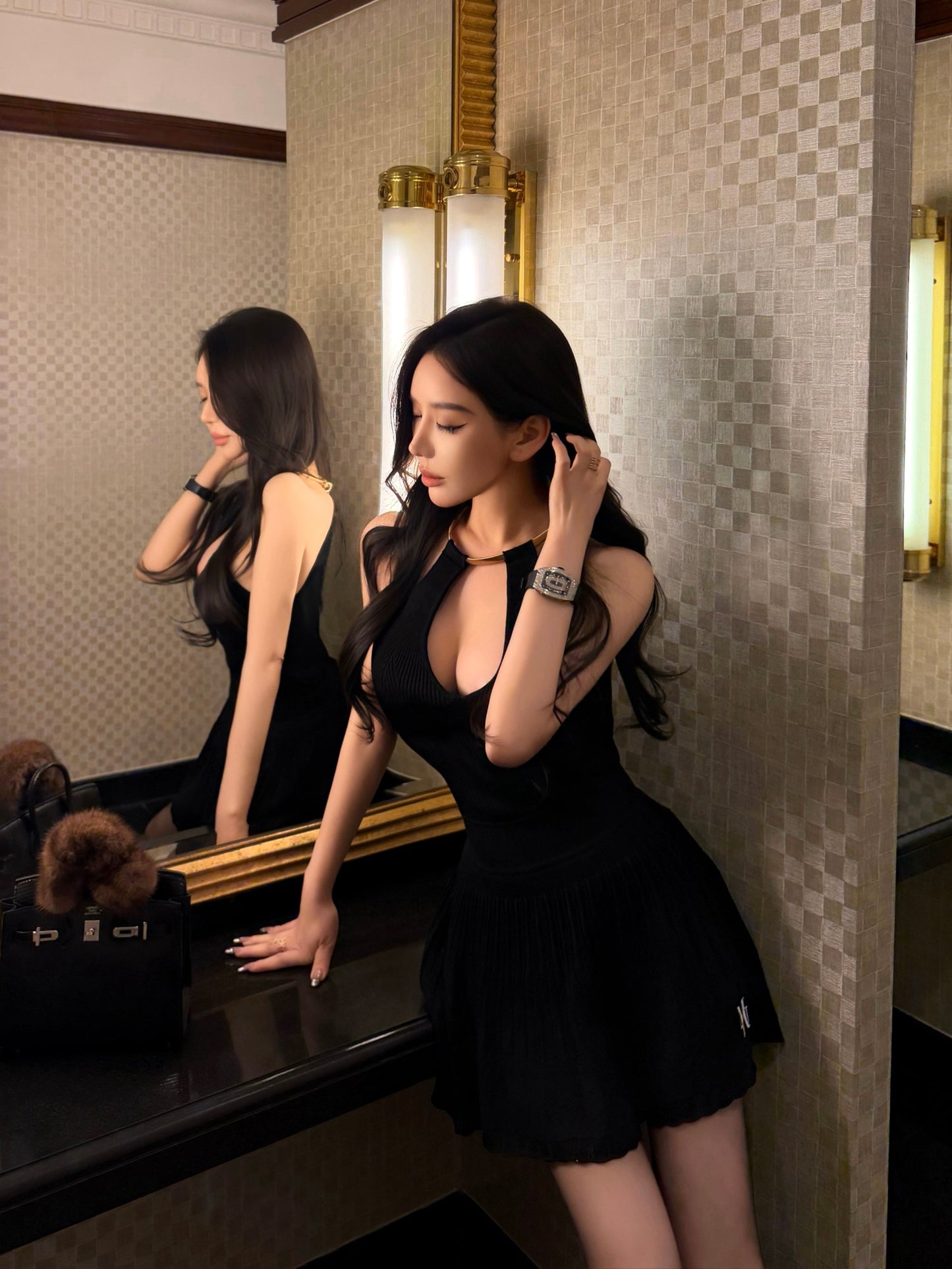 METAL HALTER KNIT TOP & LACE SKIRT