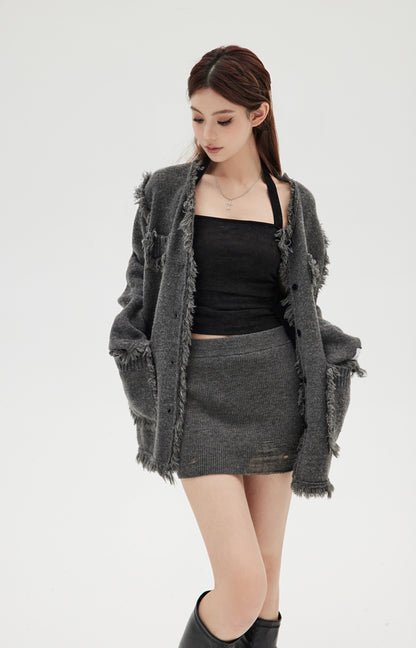 DESTRUCTIVE WOOL KNITTED CARDIGAN & SKIRT