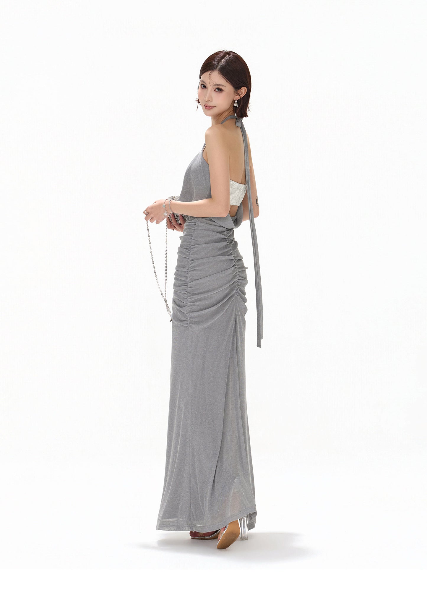 【日本在庫 】MISTY BLUE HALTER DRAPED TULLE DRESS