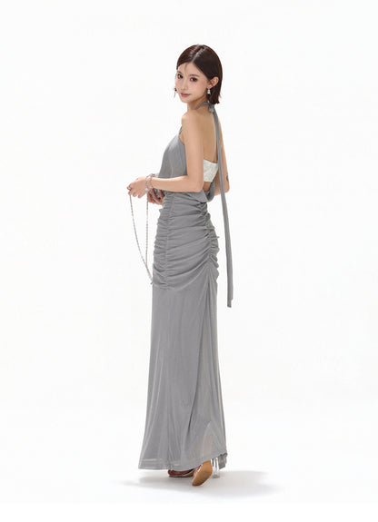 【日本在庫 】MISTY BLUE HALTER DRAPED TULLE DRESS