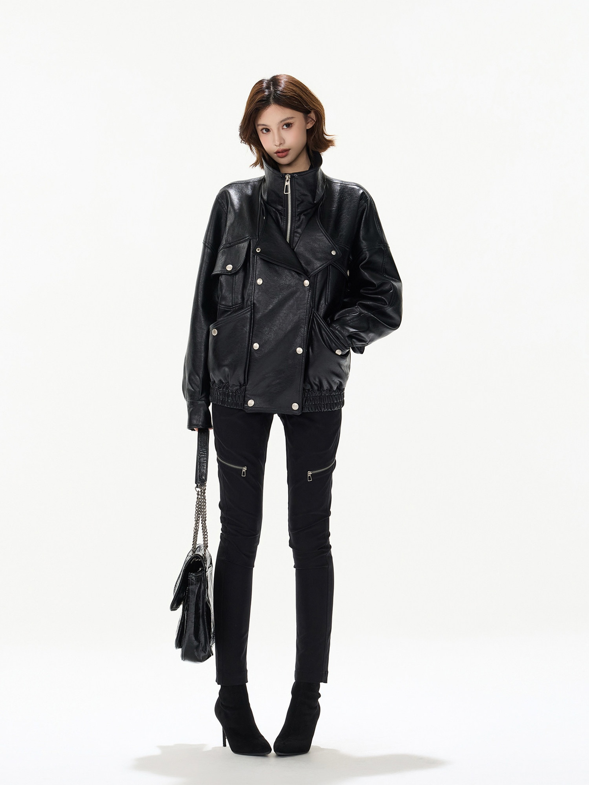 BLACK DOUBLE BREASTED PU PADDED JACKET ブラック 全身コーディネート 正面