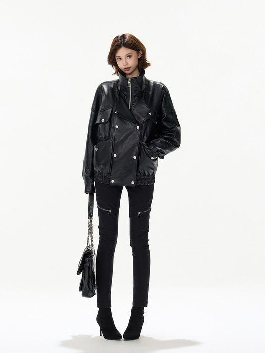 BLACK DOUBLE BREASTED PU PADDED JACKET ブラック 全身コーディネート 正面
