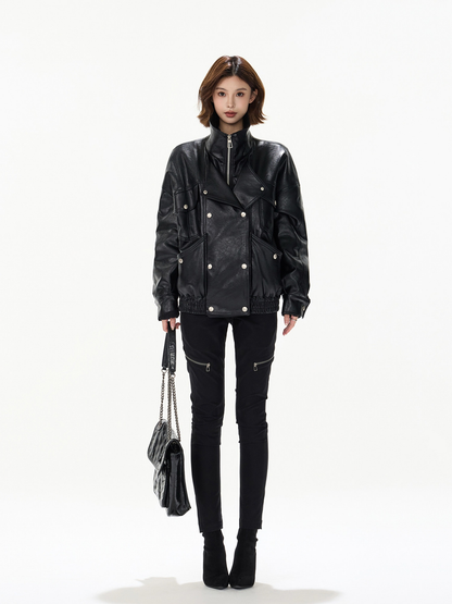 BLACK DOUBLE BREASTED PU PADDED JACKET ブラック 着用イメージ 7
