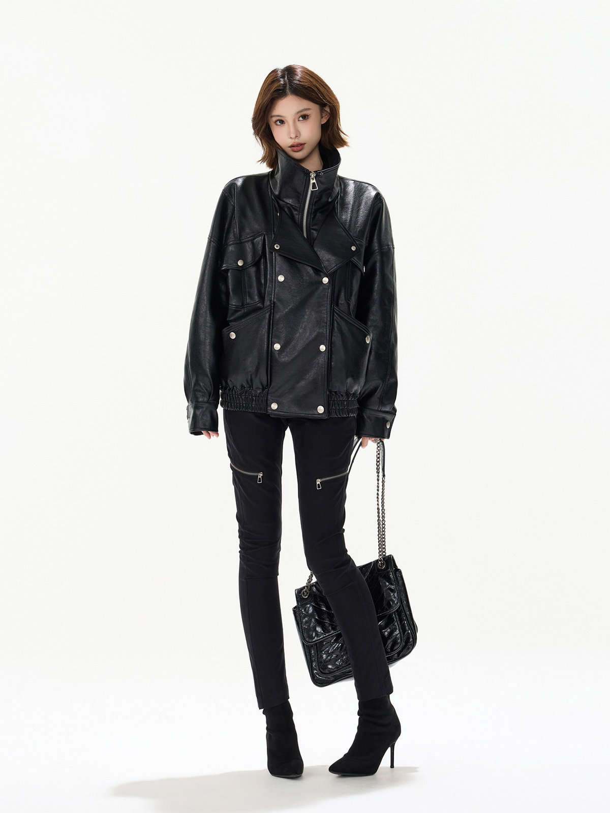 BLACK DOUBLE BREASTED PU PADDED JACKET ブラック 着用イメージ 5
