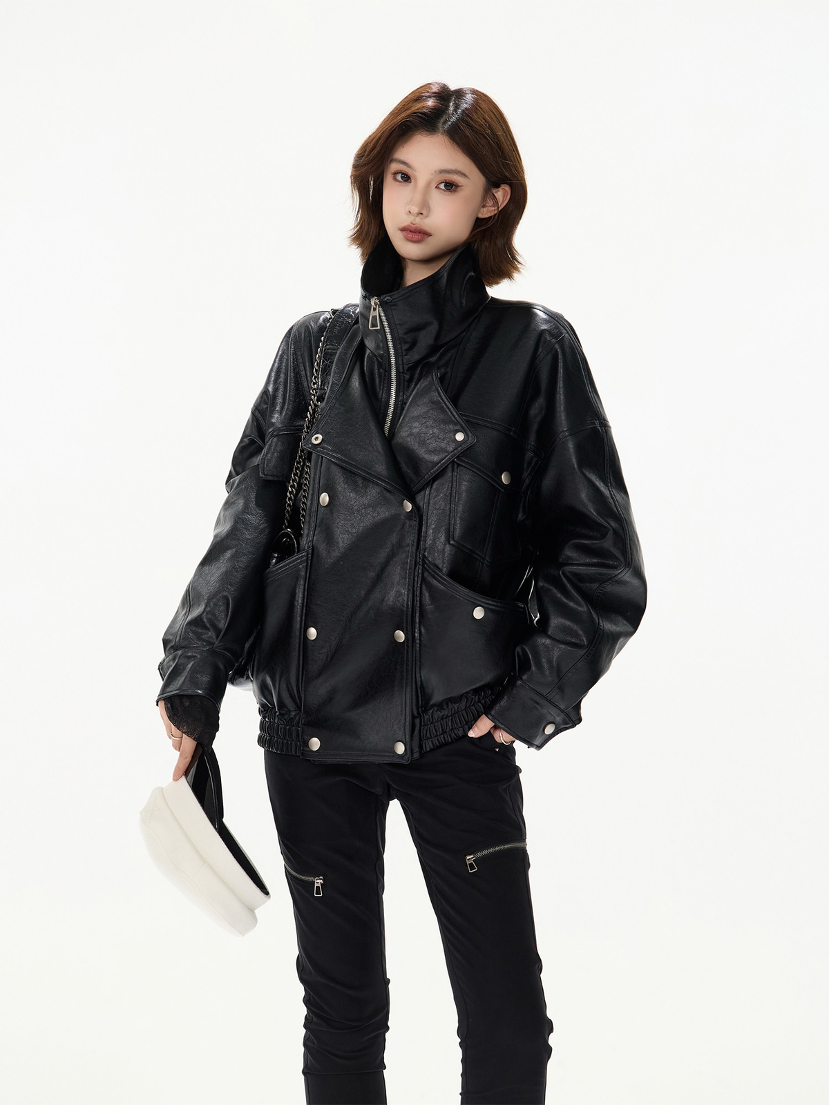 BLACK DOUBLE BREASTED PU PADDED JACKET ブラック 着用イメージ 2