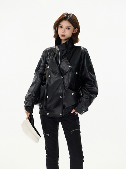 BLACK DOUBLE BREASTED PU PADDED JACKET ブラック 着用イメージ 2