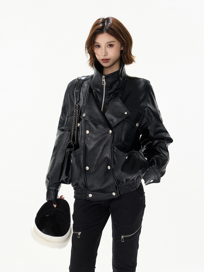 BLACK DOUBLE BREASTED PU PADDED JACKET ブラック 着用イメージ 3