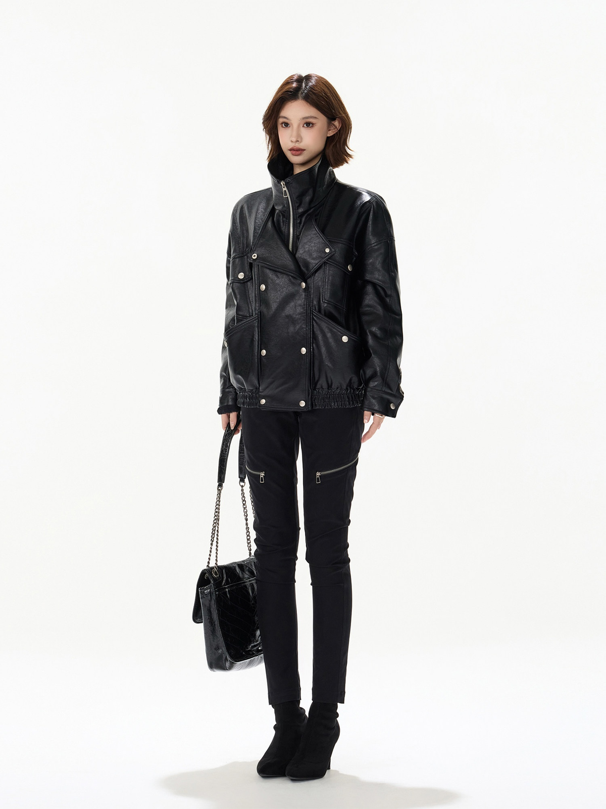 BLACK DOUBLE BREASTED PU PADDED JACKET ブラック 着用イメージ 6